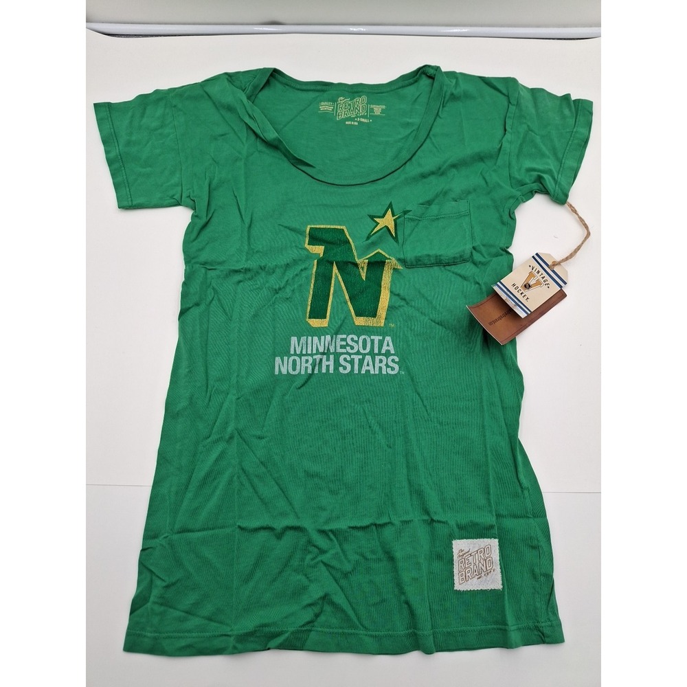 Minnesota North Stars Retro Brand Womens Green Pocket Short Sleeve Shirt, XS,New